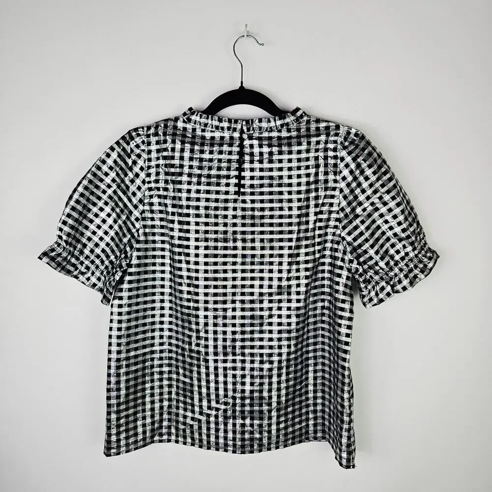 J.Crew Metallic Gingham Checkered Puff Sleeve Blouse Top Medium Boxy Holiday